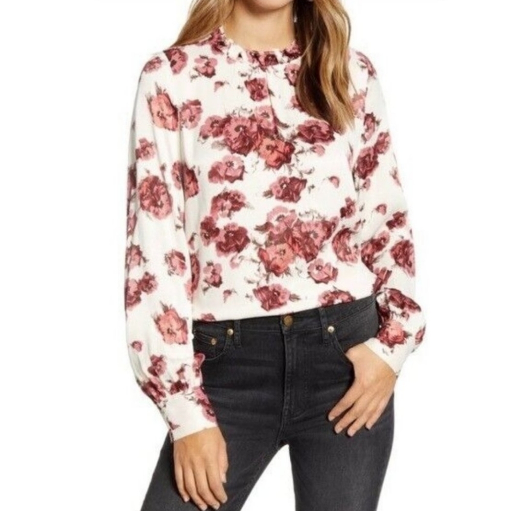 Rachel Parcell Floral Blouse Women's S Cream Red Cottagecore Prairie Pea…